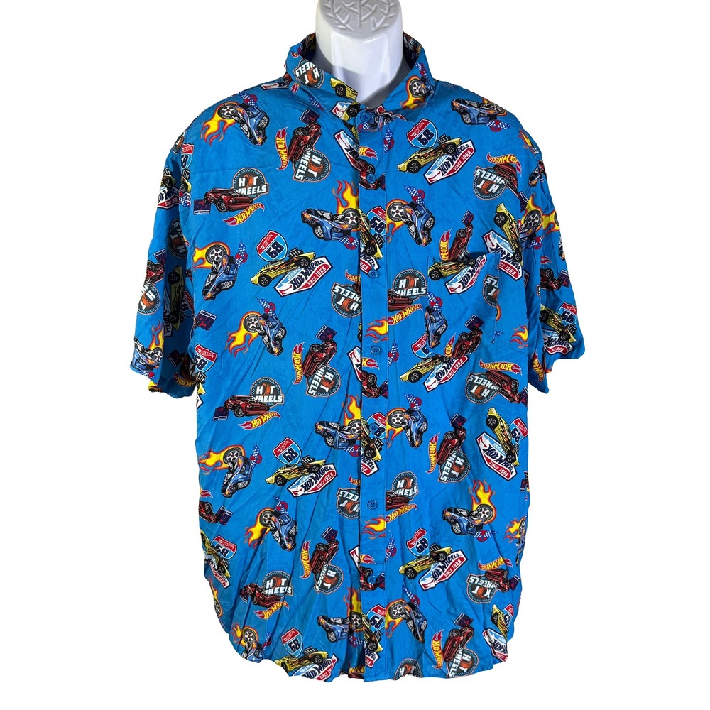 Hot Wheels Button Down Shirt Mens 2XL Blue All Over Print Viscose Short Sleeve